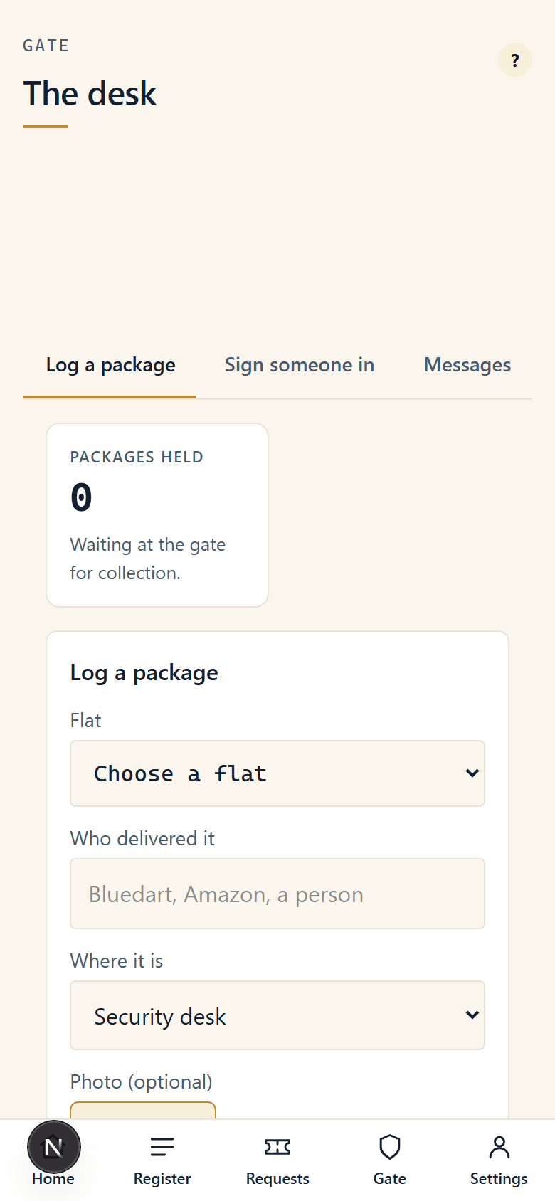 The gate desk: logging a package against a flat, with the courier and where it is kept.