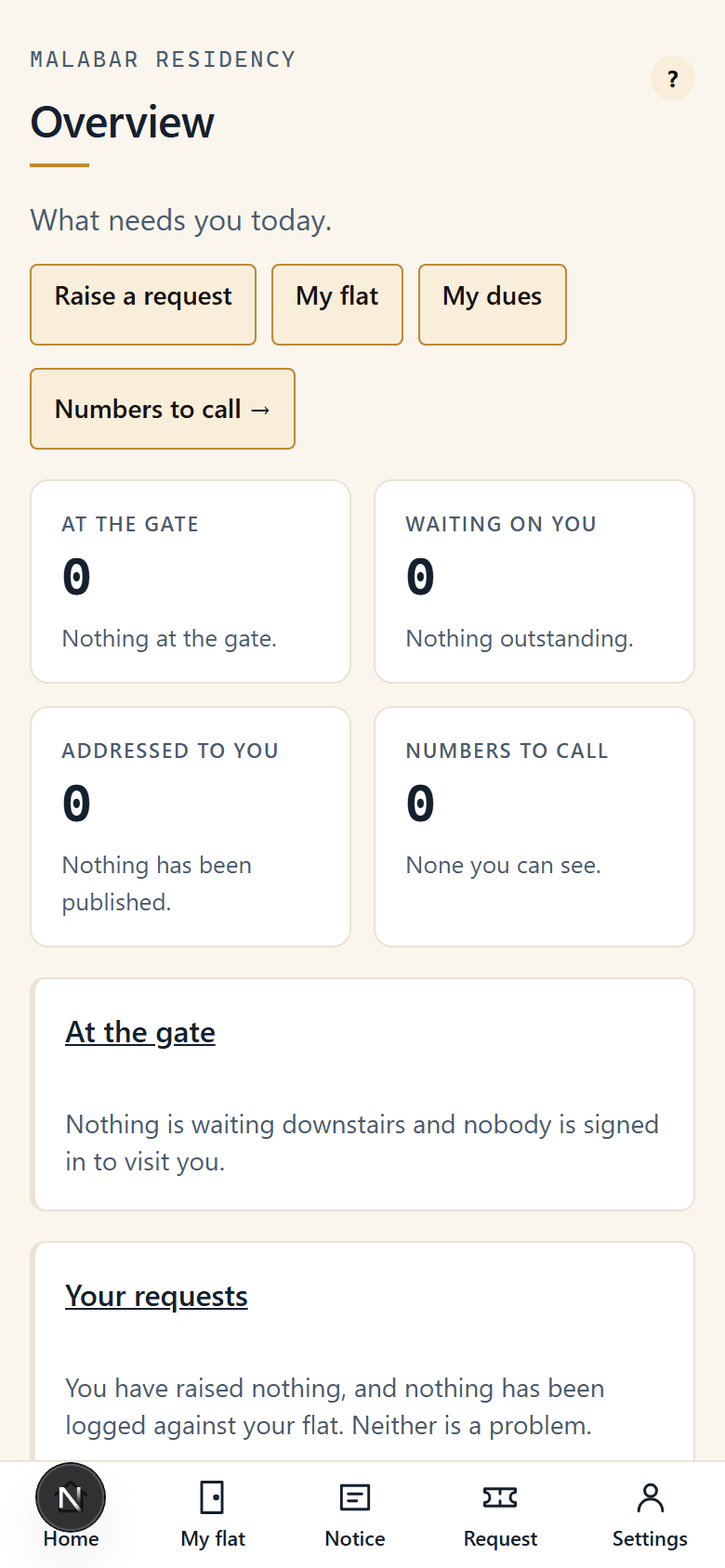 A resident's home screen: what is at the gate, what is waiting on them, what they owe.